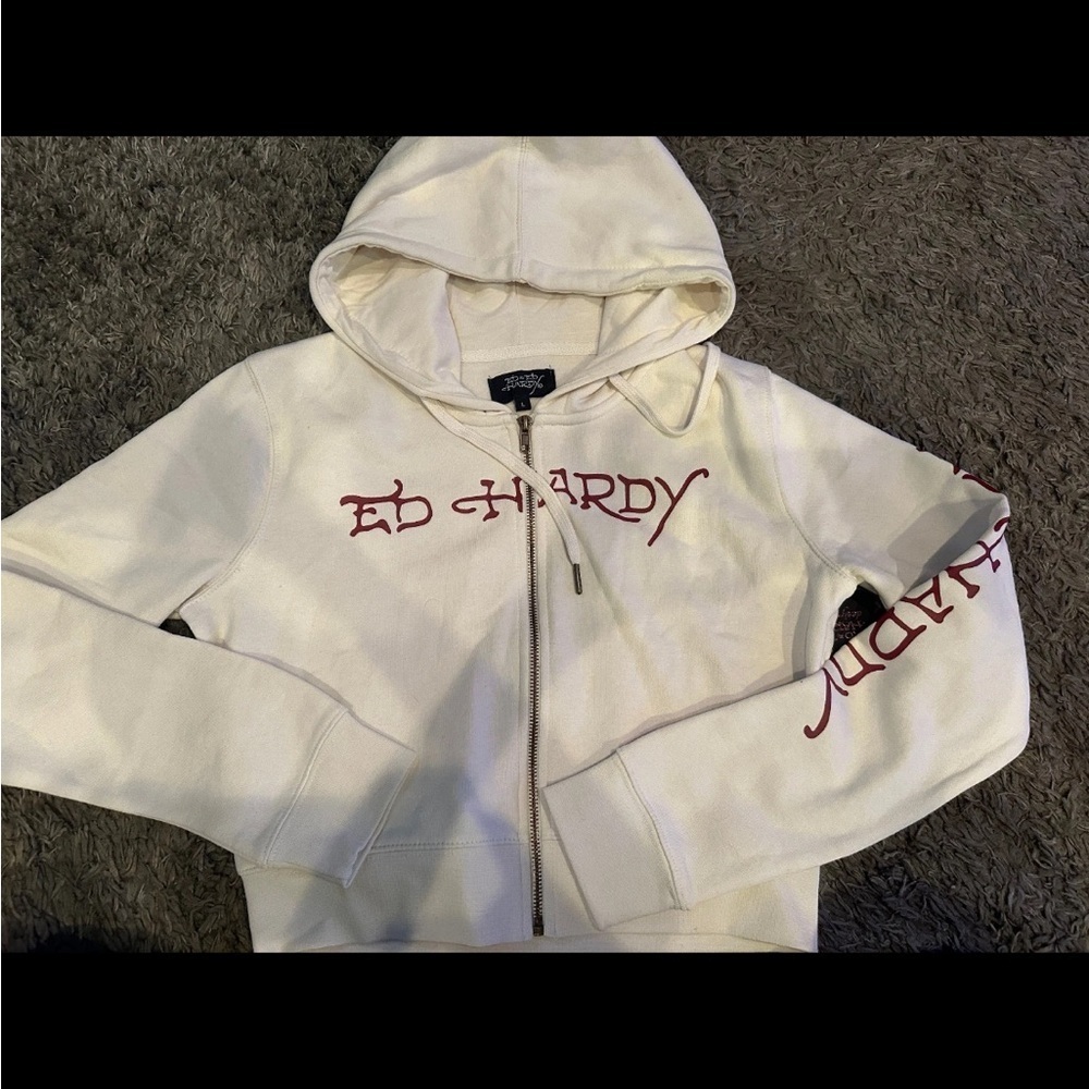 Ed Hardy Women's Cream Hoodie with Red Accents - Picture 3 of 6